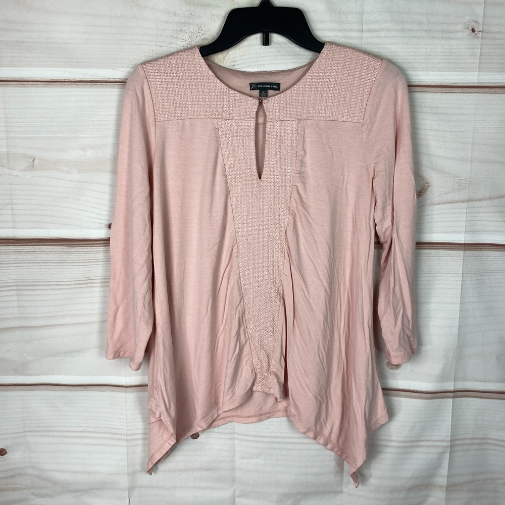 Adrianna Papell Top Womens M Pink Keyhole Neck Blouse 3/4 Sleeve Sharkbite Hem